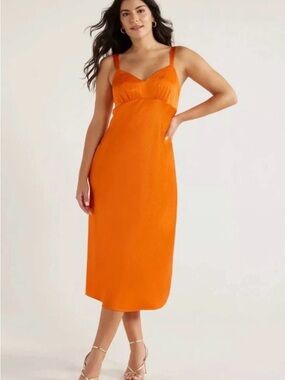 🍊 Sofia Vergara Orange Pepper Satin Slip Midi Dress Sleeveless V-Neck Size M